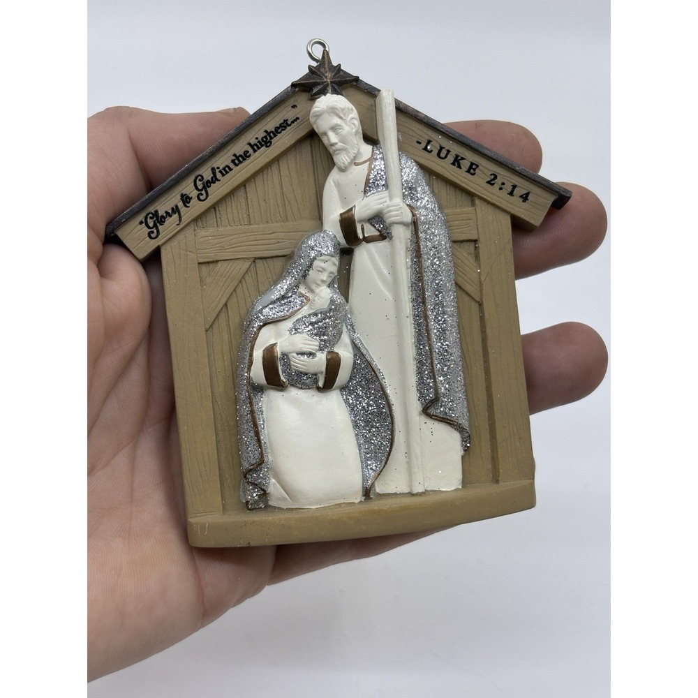 Nativity Barn Scene Christmas Ornament Silver Sparkle Luke 2:14